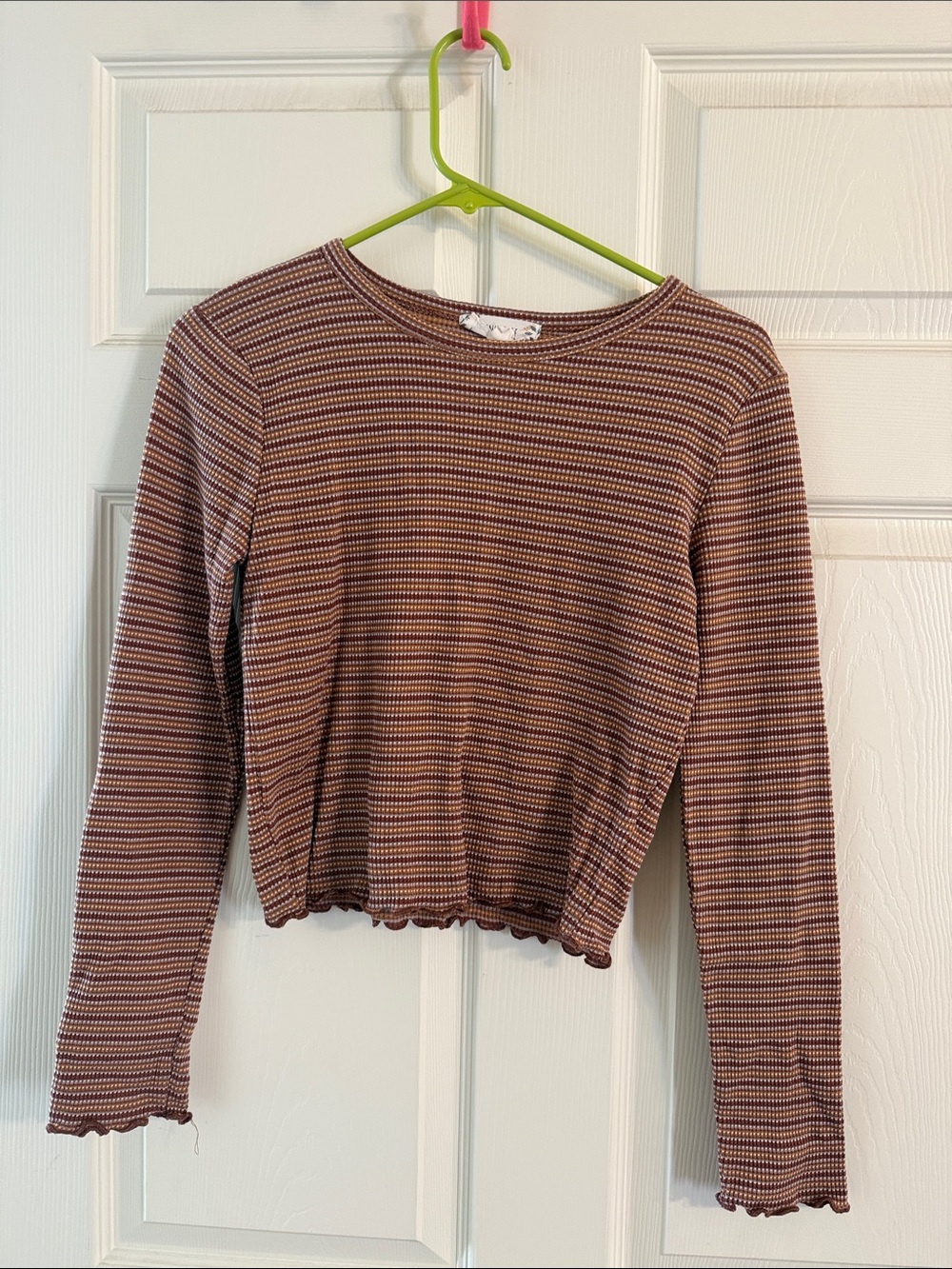 Pink Rose Mauve and Brown Striped Ribbed Crop Top